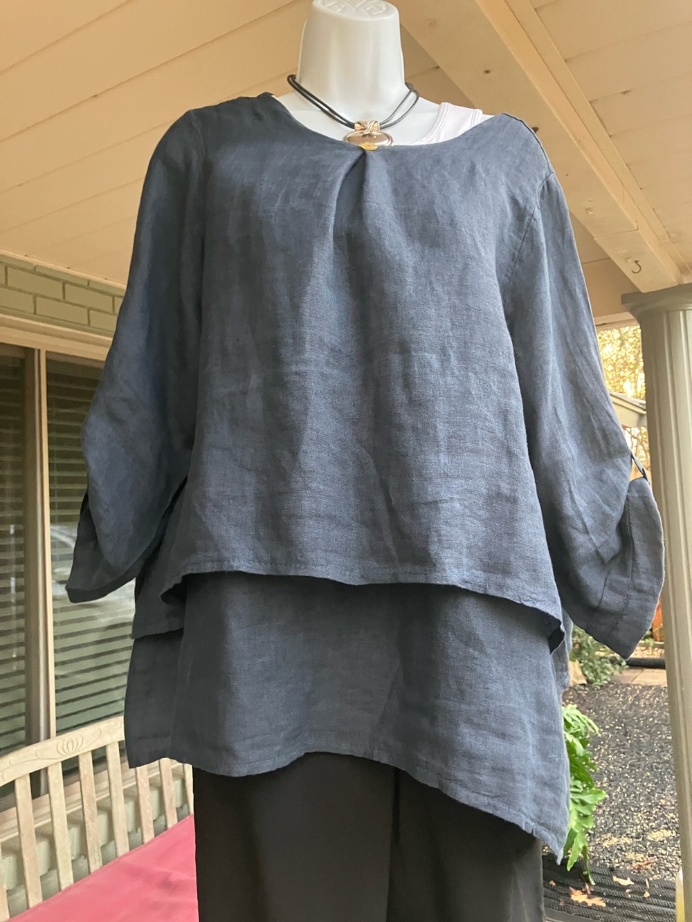 Tempo Paris Relaxed Layered Gray Linen Blouse